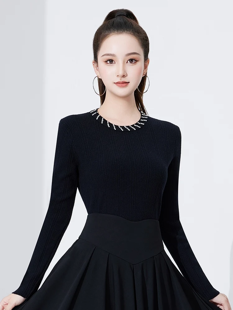 

2025 Latin Dance Top Women's National Standard Dance Black Long Sleeve Top Chacha Rumba Tango Modern Dance Costumes DQL10796