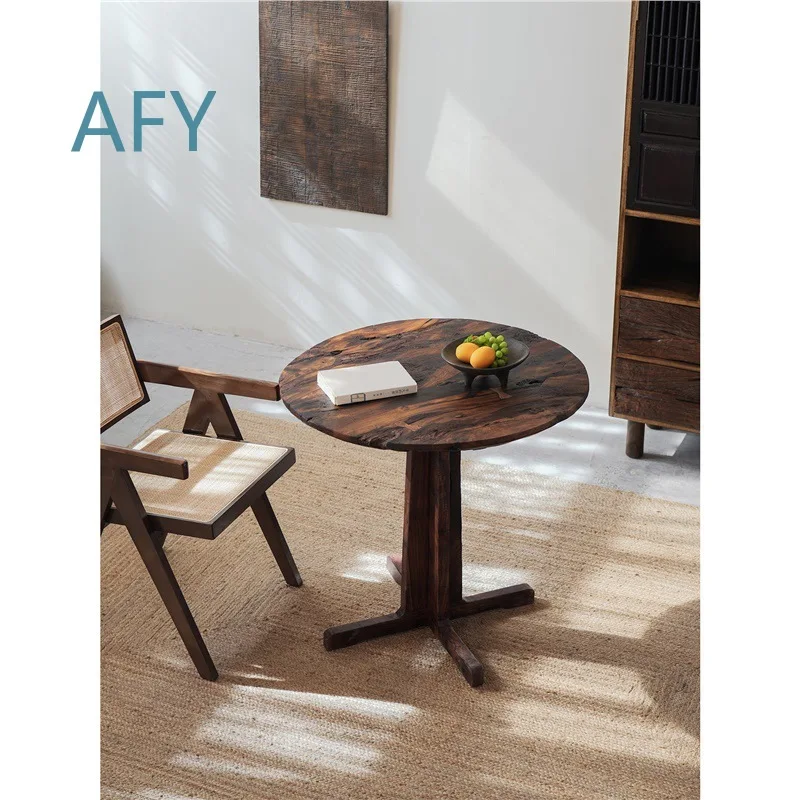 Wabi Sabi Solid Wood Round Coffee Table for Airbnb Hotel Rustic Vintage Dining Table Designer Minimalist Small Round Table