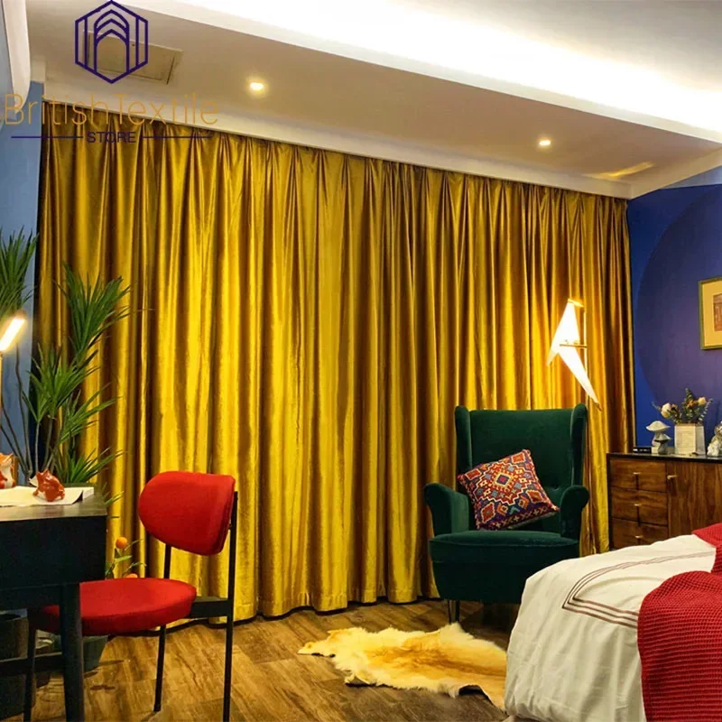 

Nordic Fashion European Luxury Pure Gold Velvet Blackout Curtains for Living Room Bedroom Home Decoration White Tulle Window
