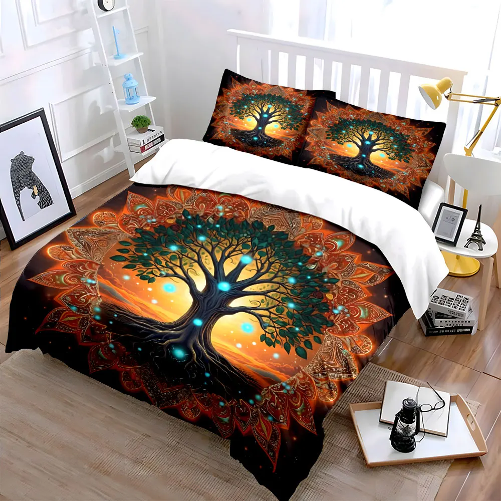 Mystical Glowing Tree with Mandala Decor Pattern Duvet Cover Set Digital Print Colorful Polyester Bedding with Zipper Closur