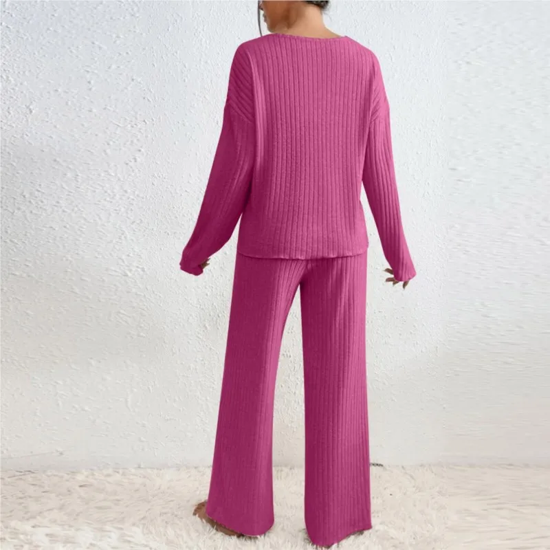 Women's Black Two-Piece Set Autumn New Fashion Casual V-neck Pit Strip Pants Set Solid Ribbed Loungewear Ladies Clothing