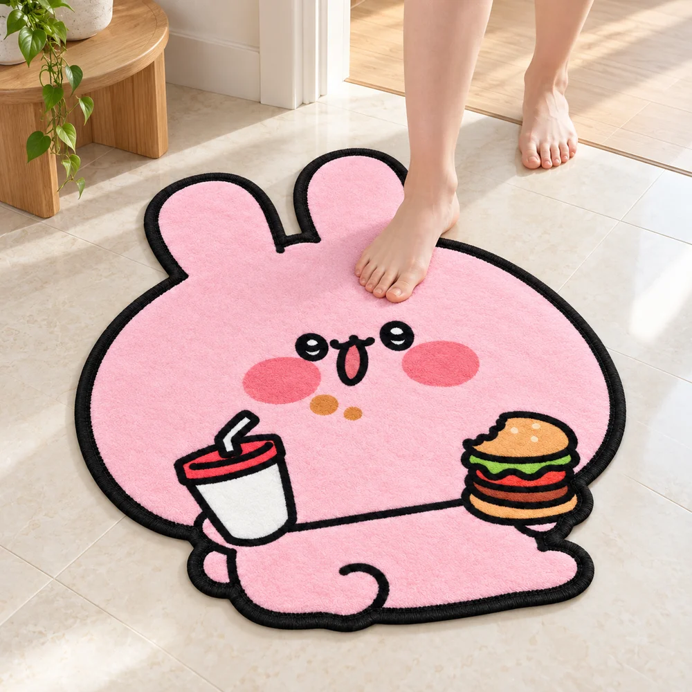Pink Rabbit with Burger and Drink Shaped Flannel Rug, Creative Irregular Floor Mat for Bedroom Living Room Decor, Creative Gift