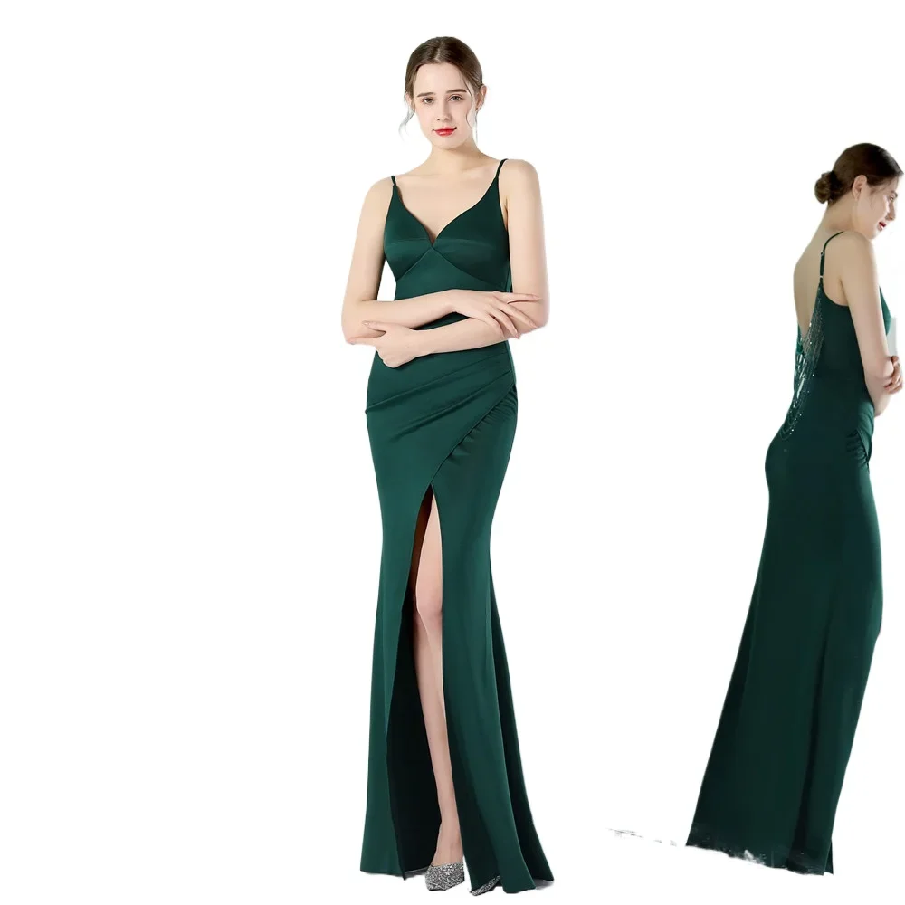

Sexy V-neck Spaghett Straps Backless Beading High Split Mermaid Formal Evening Dress