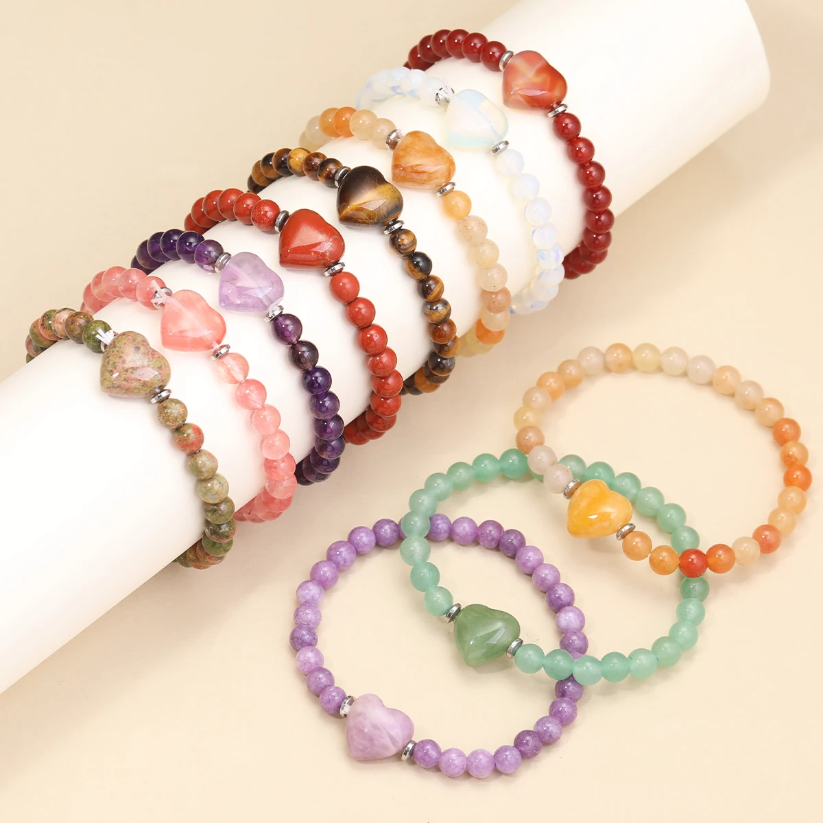 

Natural Gemstone Amethyst White Crystal 8mm Beaded Heart Bracelet Men's Women Bracelet Couple Friendship Jewelry Gift Wholesale
