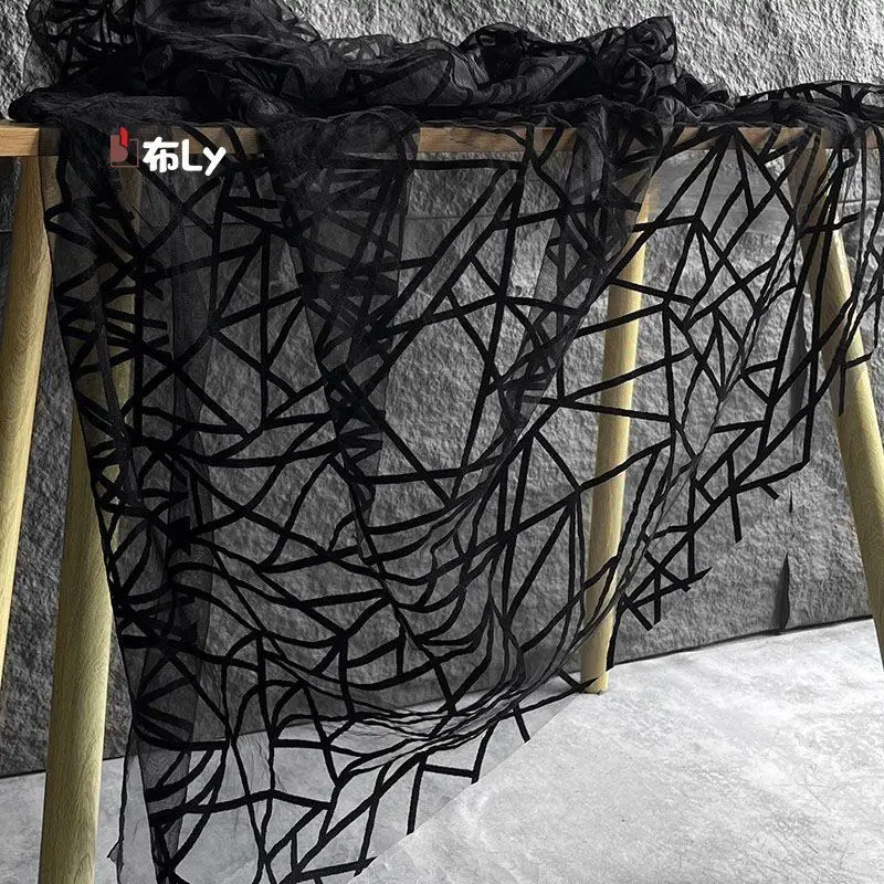 Black geometric pattern jacquard irregular mesh tutu fabric perspective soft clothing design fabric