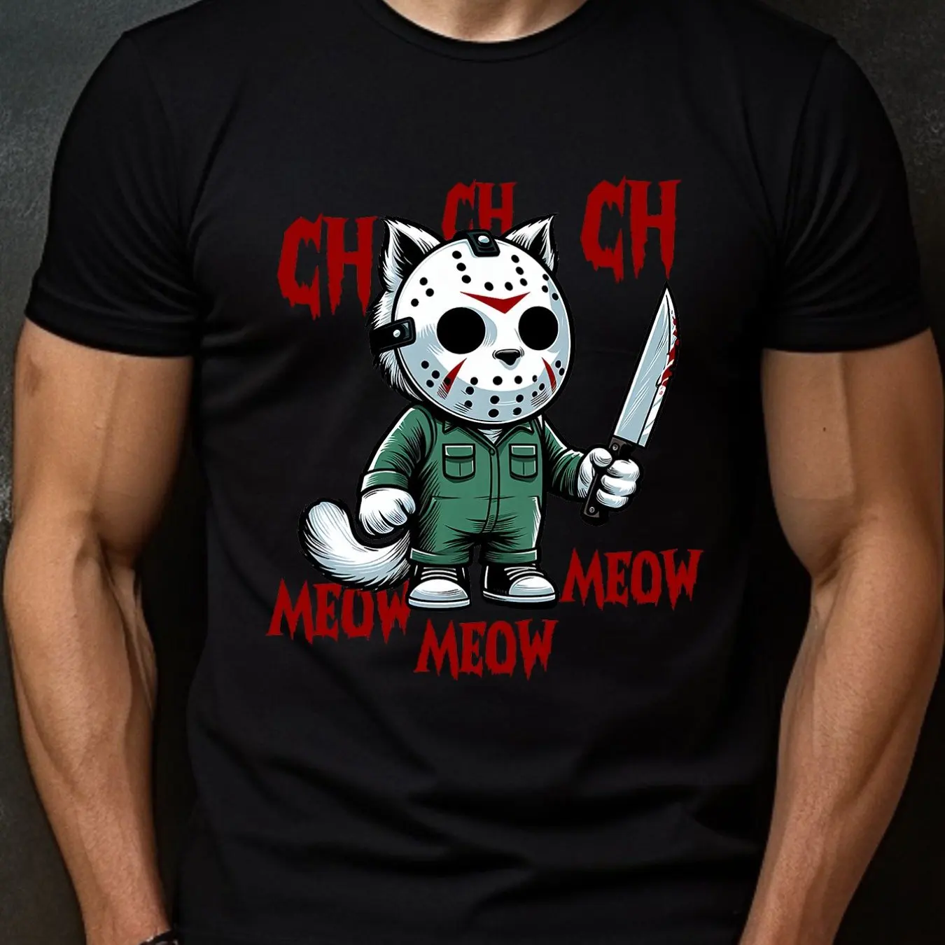 

Horror T-Shirt Jason Voorhees Inspired Graphic Tee Funny Halloween Cat Design Meow Meow Print Men's Black Casual Streetwear Top