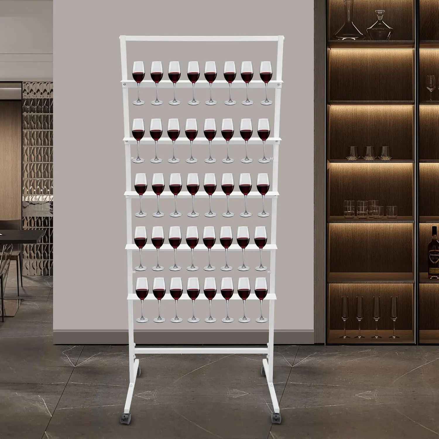 40 Glasses Champagne Wall 5 Tier Metal Flutes Display Stand Hold T Shaped Base Brake Swivel Casters Weddings Bridal Shower Parti