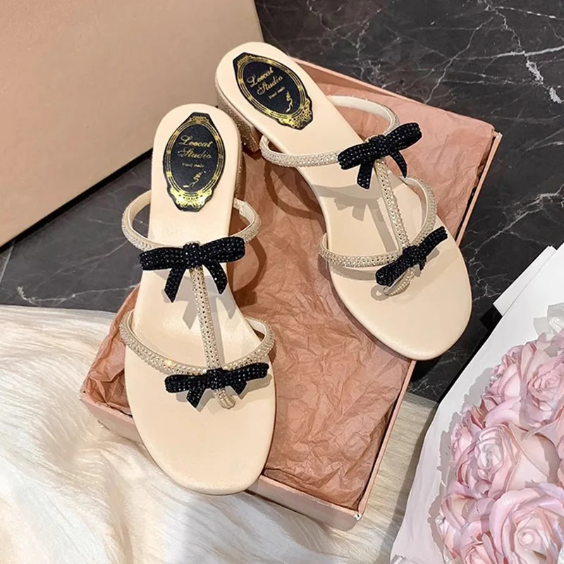 

Summer New Women Shoes Exquisite Rhinestone Bow High Heeled Sandals for Woman French Casual Shoes Designer Shoes Sandalias Mujer