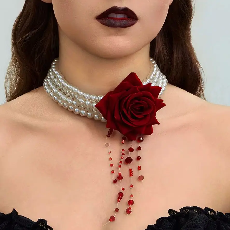 PuRui Gothic Elegant Rose Rose Imitation Pearl Neck Woman Trendy Multilayer Blood Tassel Crystal Clavicle Necklace Jewelry New