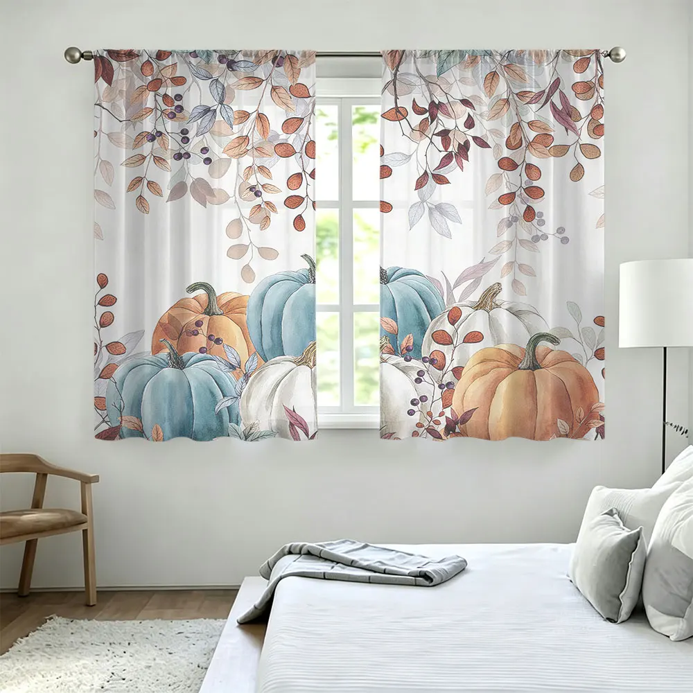 2pcs 90g rod-mounted curtains featuring a watercolor-style design of gourd leaves and vines, perfect for home decoration