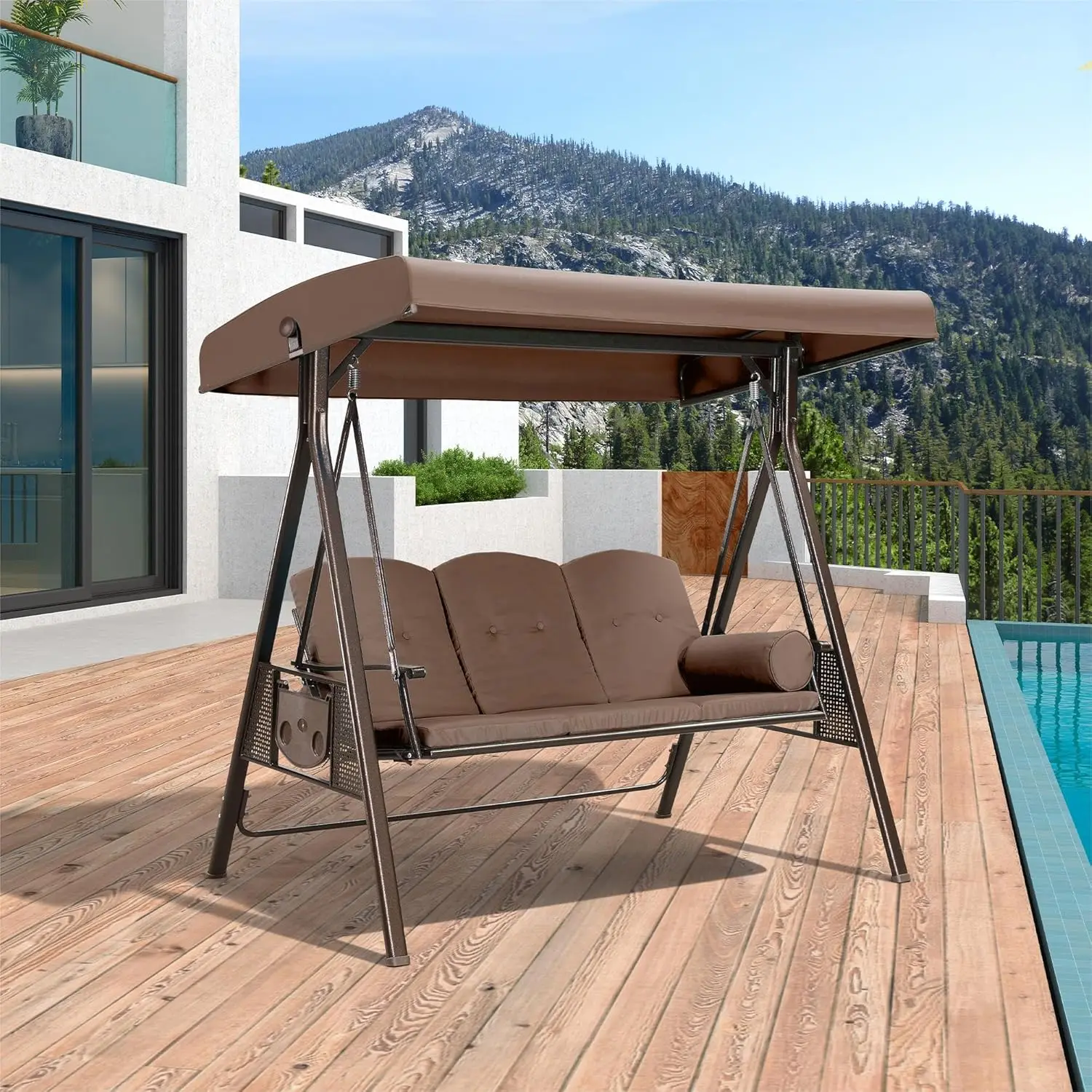 Leaf 3-seater luxurious outdoor terrace porch swing with weather resistant steel frame,adjustable tilt canopy cushion and pillow