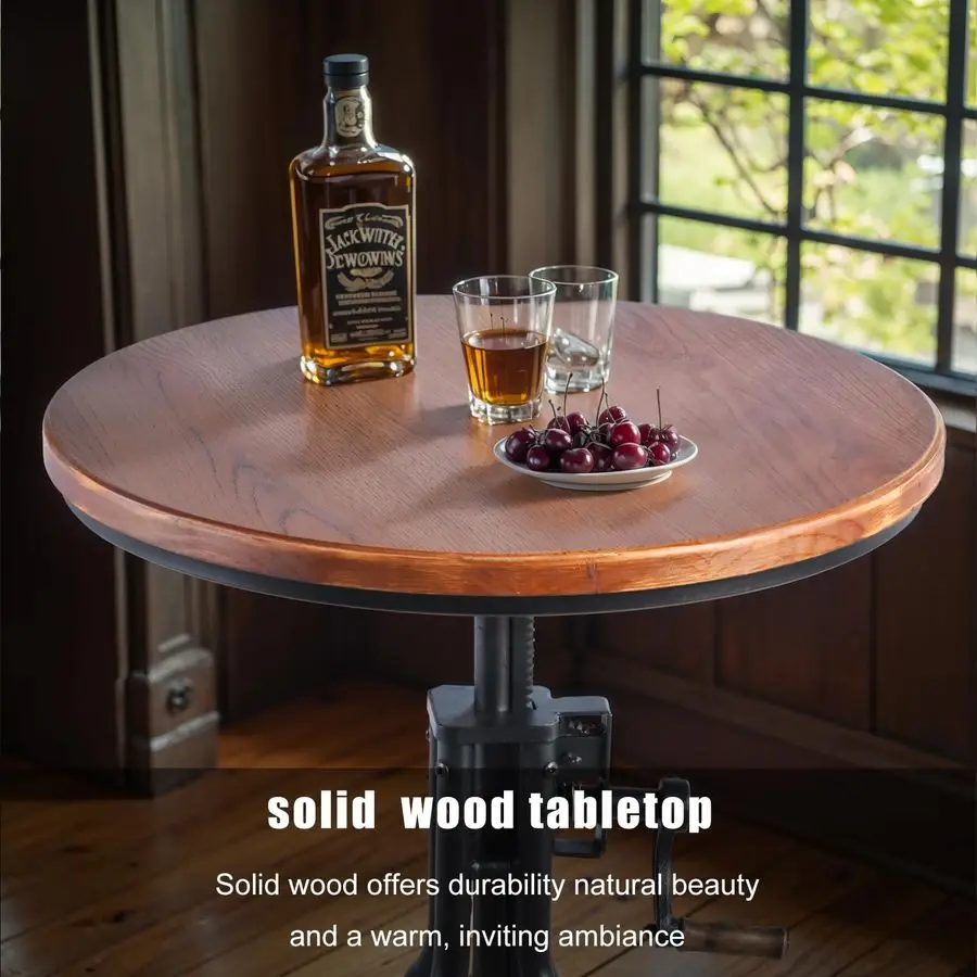 調節可能なヴィンテージスタイルの工業用ラウンドバーテーブル、回転式木製トップメタルフレーム付き、高さ29.5335.43、クランクHで簡単に調整可能