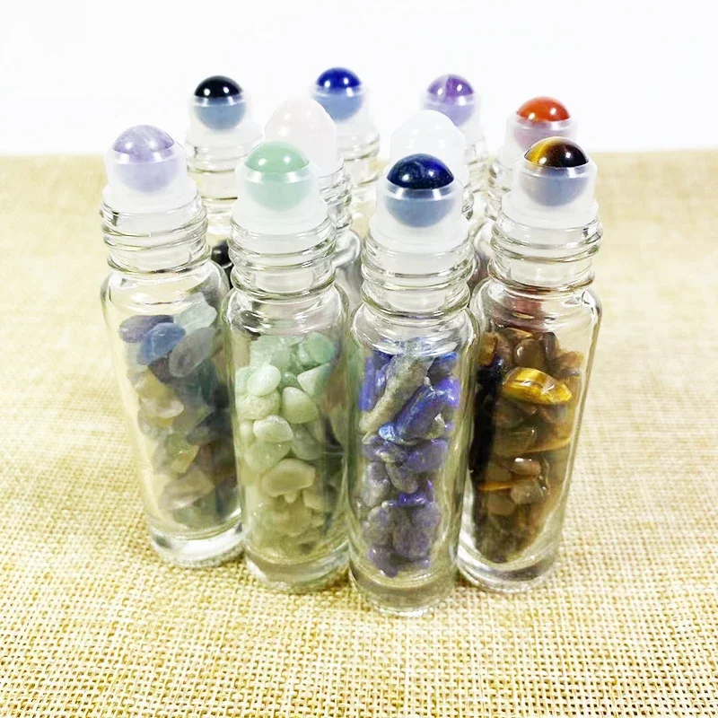 Botellas roll-on de vidrio transparente recargables con bola de jade y tapa de bambú para masaje facial, botella de bola con rodillo de perfume de viaje