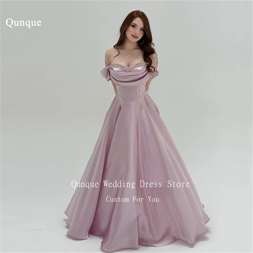 

Современные атласные вечерние платья Qunque длиной до пола с вырезом «сердечко», украшенные кристаллами, модель Vestido De Fiesta A Line, с открытыми плечами, для выпускного вечера, на заказ