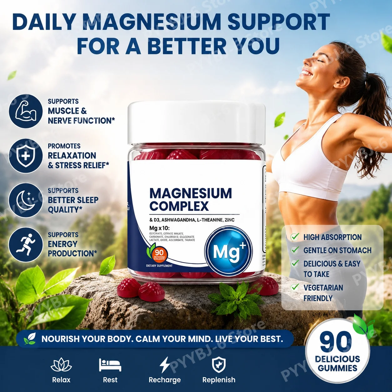 

Magnesium Complex 14in1 Gummies 90Count with D3Zinc Ashwagandha L Theanine Magnesium Glycinate Vegan Sleep Stress Support Adults