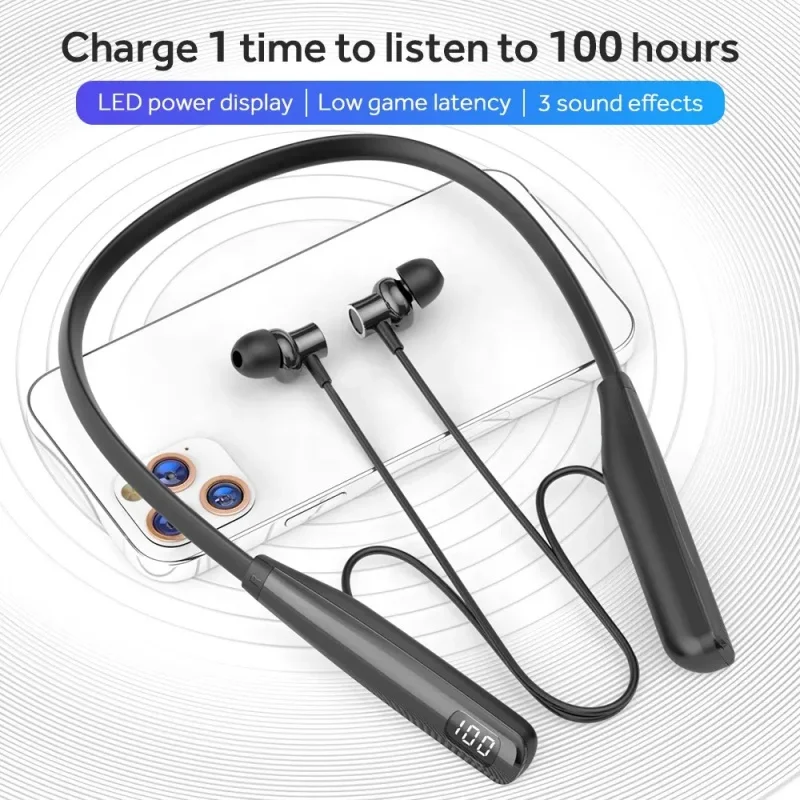 Auriculares inalámbricos montados en el cuello, cascos deportivos con batería larga, reducción de ruido, Bluetooth, modelo Dual, gancho para la oreja para correr
