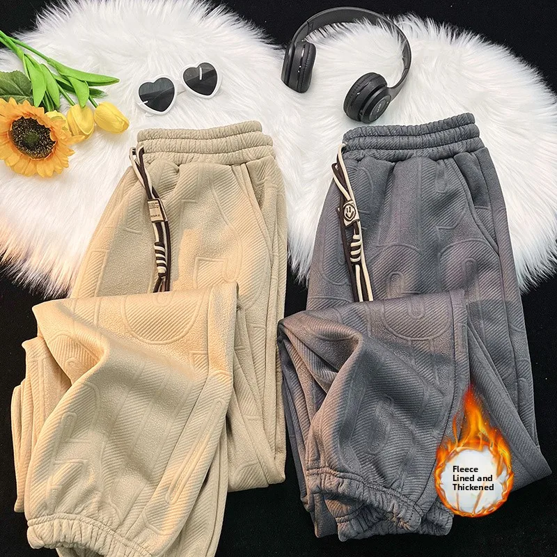

Men's Winter Thiened Fce Casual Sports Pants Big Size Embroidered Wfle Pattern Trendy Youth Loose Fit Long Pants