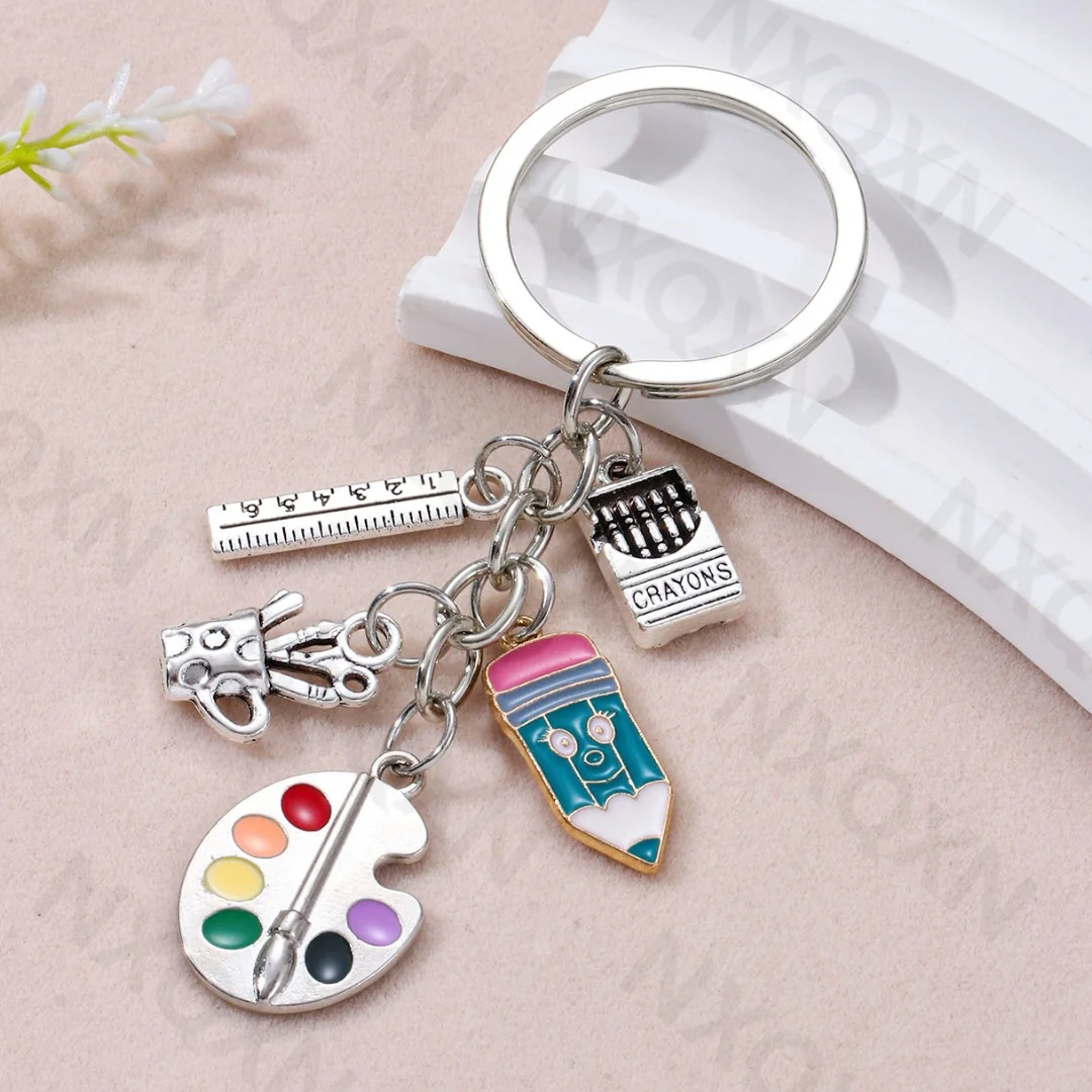 Classic Drawing Board Ruler Crayon Pencil Enamel Keychain Apple Brush Pendants For Women Men Good Teacher Gift Handmade Jewelry