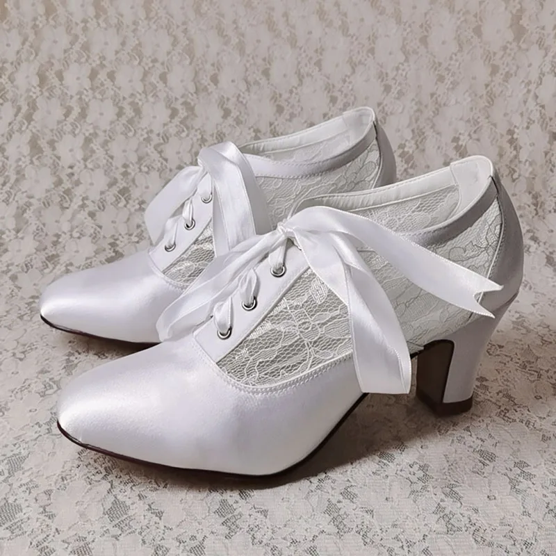 Wedopus tacco personalizzato bianco avorio pizzo e raso stivali da donna scarpe da sposa tacco largo 7CM