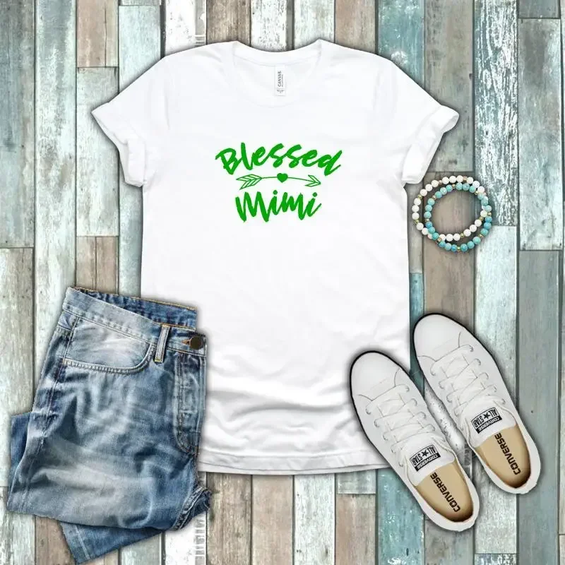 Blessed Mimi Grandma Love Family Green White Cotton T shirt