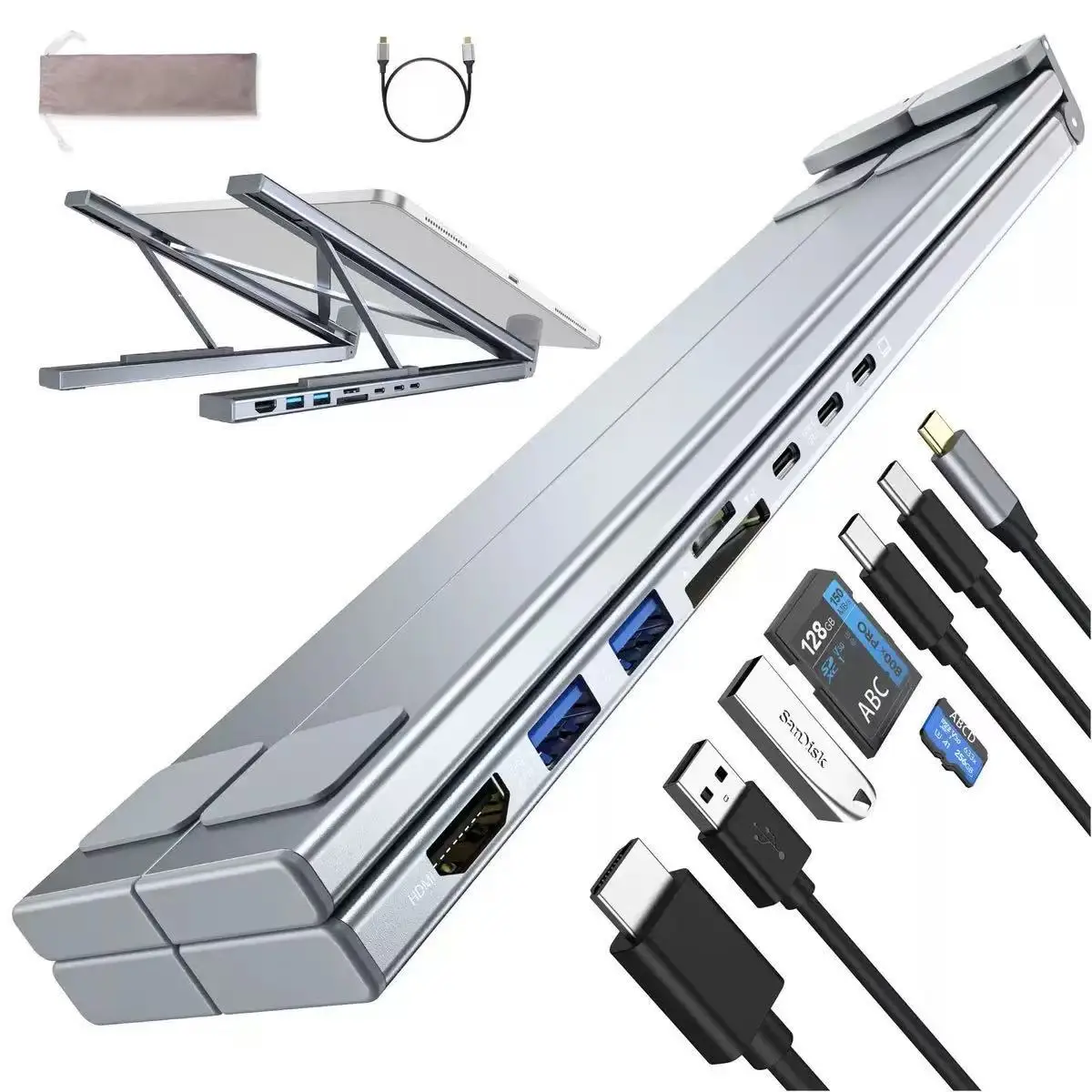 FC&EC 8-in-1 Docking Station Aluminium Alloy Laptop Holder Hub TYPE-C to HDMI Adapter 4K PD100W USB3.0 5Gbps Hub USB Splitter