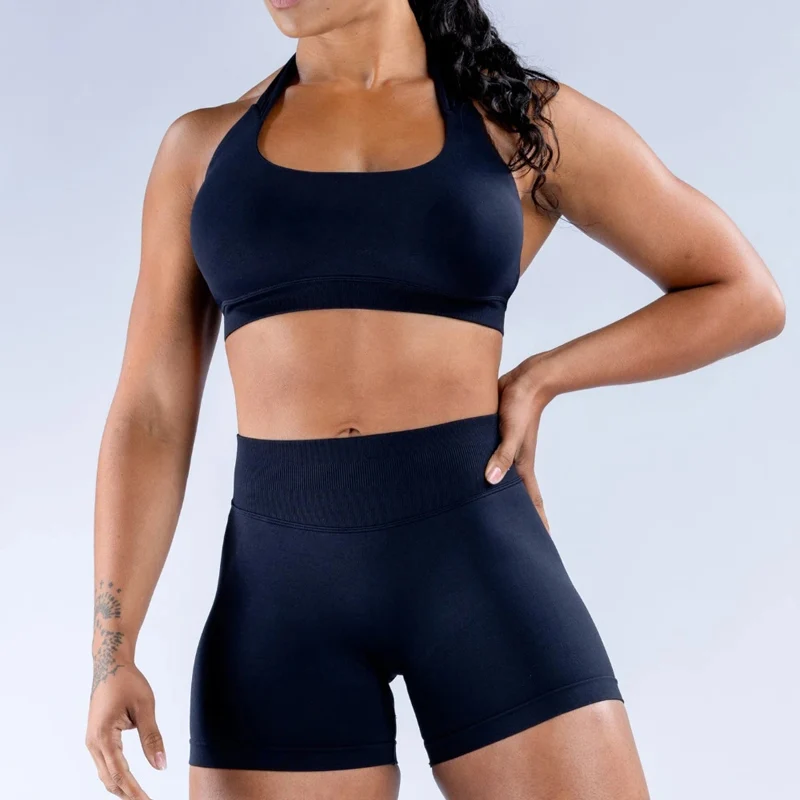 Shorts Set 2 Pieces Seamless Yoga Set Workout Tracksuit Women Halter Sport Bra And Low Waist Scrunch Bum Gym Shorts Suits image 4