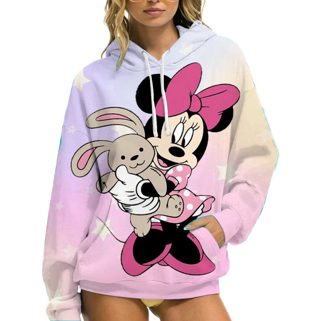 เสื้อฮู้ดดี้พิมพ์ลายมิกกี้เมาส์สีชมพูสไตล์ดิสนีย์ สวมใส่สบายๆ ในฤดูใบไม้ผลิและฤดูใบไม้ร่วง คอทรงกลม แขนยาว สำหรับผู้หญิง