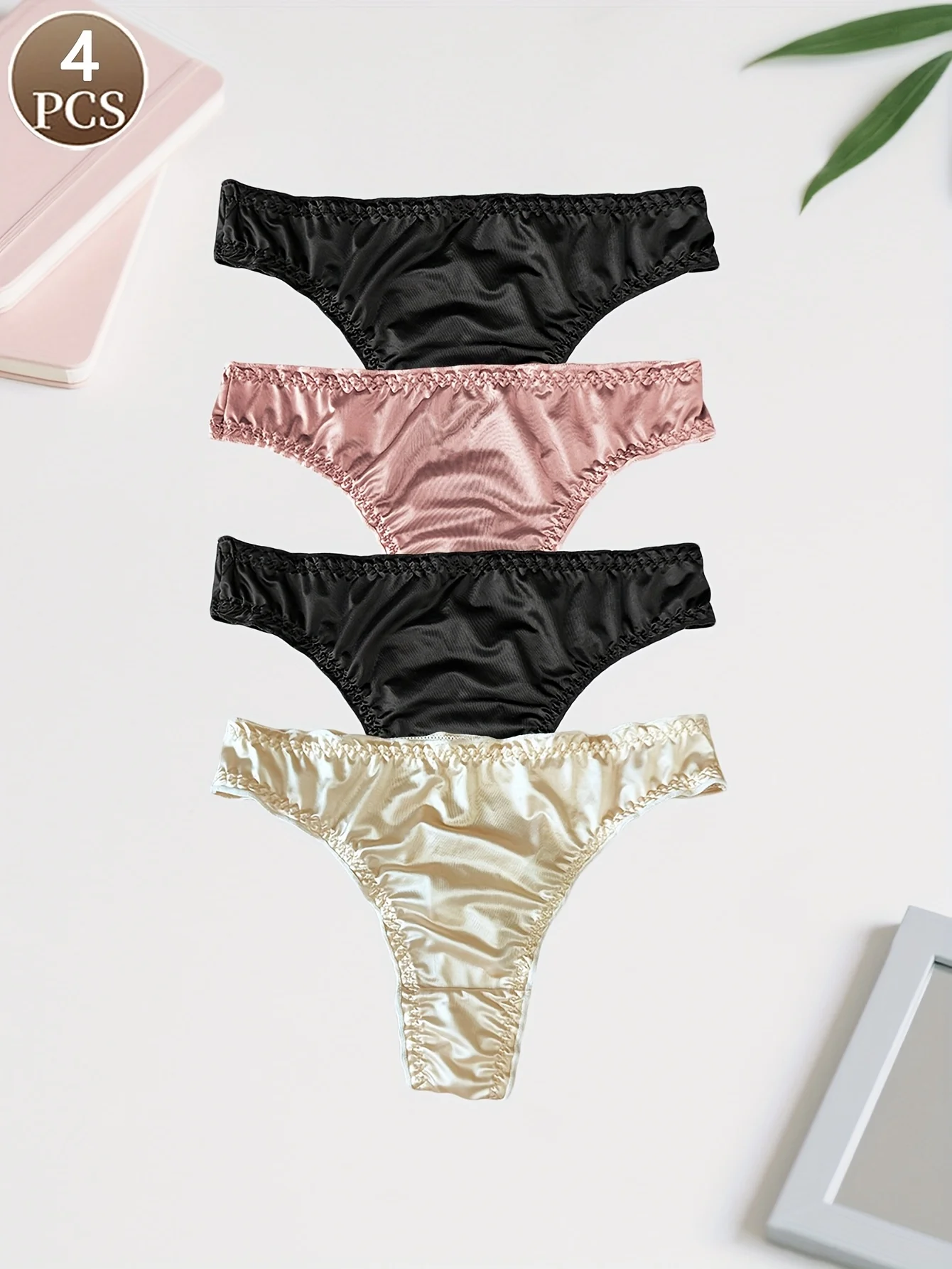 4PCS solid color knitted women's thong casual and elegant women's underwear mid waist soft and comfortable women's thong