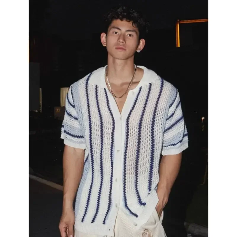 2025American Style Summer Island Vacation Beach Stripe Open Cardigan Short Sleeve Men's Summer Ice Silk Hollow Loose Short Sleev