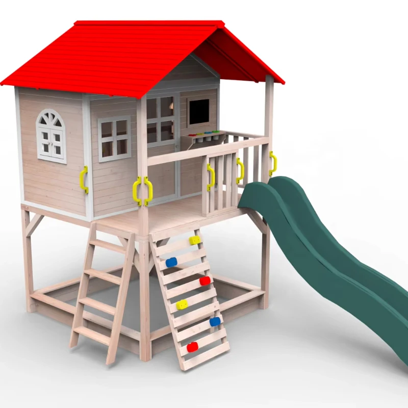 

Double wooden playground set with children's theatre with slides and sandboxes