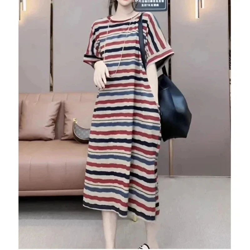 Contrast Striped Slit Hem Plus Size T Shirt Dress Women Clothing New Short Sleeve Loose Vintage Dresses Casual Fashion Summer