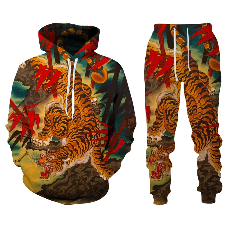 Trend Harajuku Tiger 3D Printed Men\'s Tracksuit Sets Casual Hoodie And Pants 2pcs Sets Oversized Sweatshirt Fashion Men Clothing