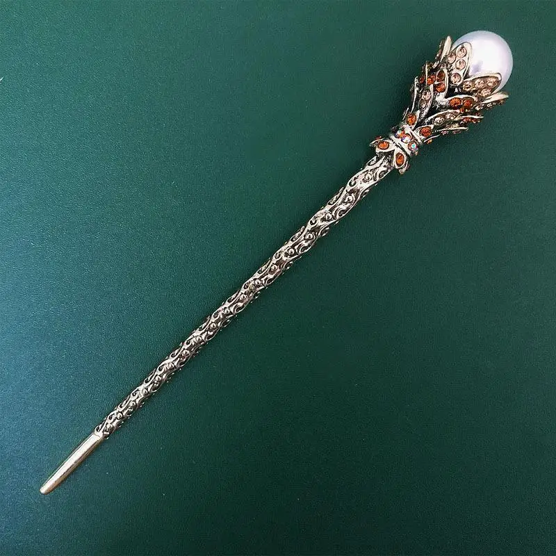 Antiker Goldener Geschnitzter Haarstab mit Kunstperlen und Bunten Strasssteinen für Hanfu, Hochzeiten, Partys und Tägliche Haardekoration – Detail 2