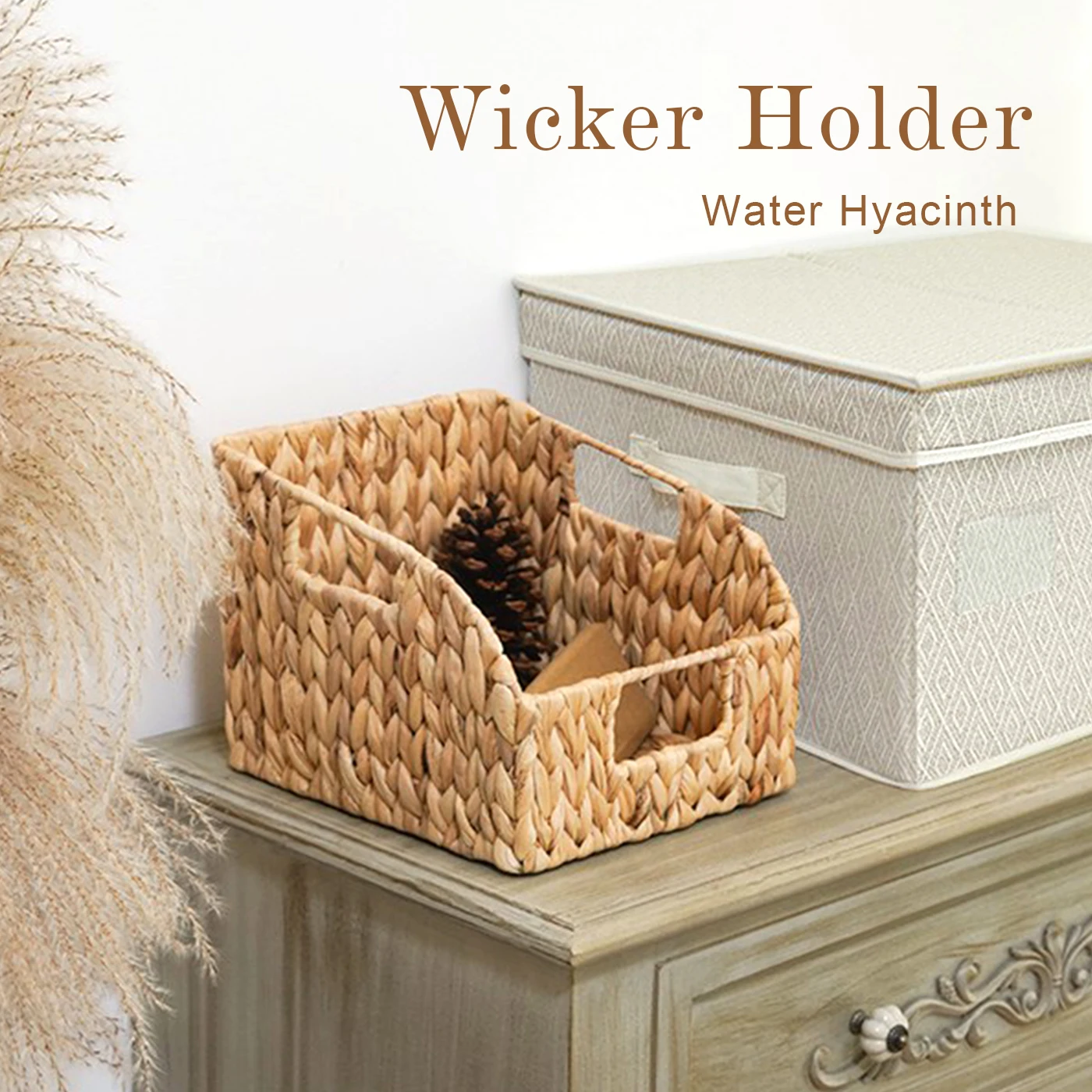 

Desk Storage Racks Water Hyacinth Bookshelf Books Magazine Holder Wicker Baskets with Handles Hand Woven Baskets Organizer Decor