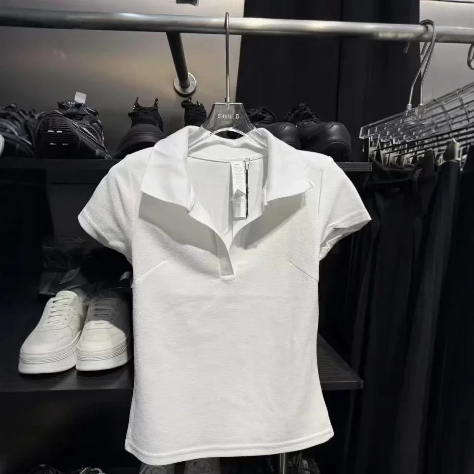 Hlo Women Tennis Wear Top Lapel Polo Collar Short Sleeve T Shirt Slim Fit Slimming Yoga Sportswear Casual Simple Print Shirt