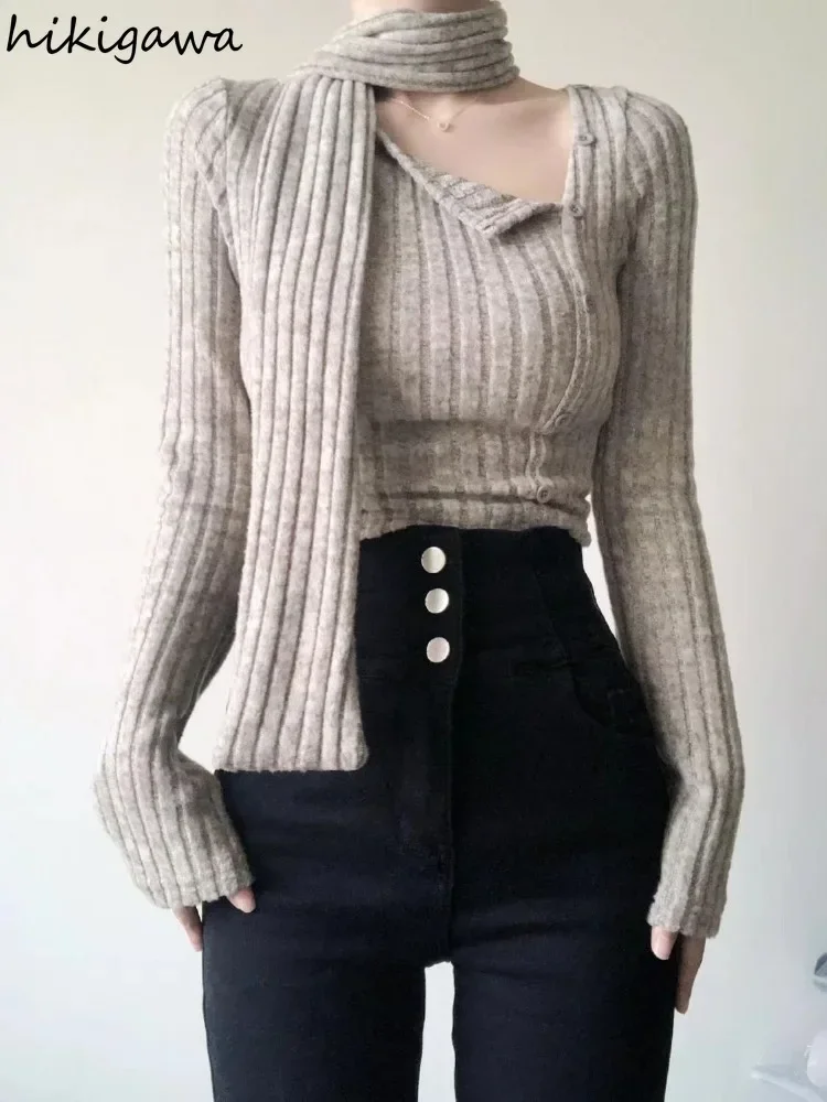 Knitwear Sueter Mujer Y2k Sweater Women Fashion Irregular Long Sleeve Jumper Casual Sexy Single Breasted Cropped Pullovers Tops