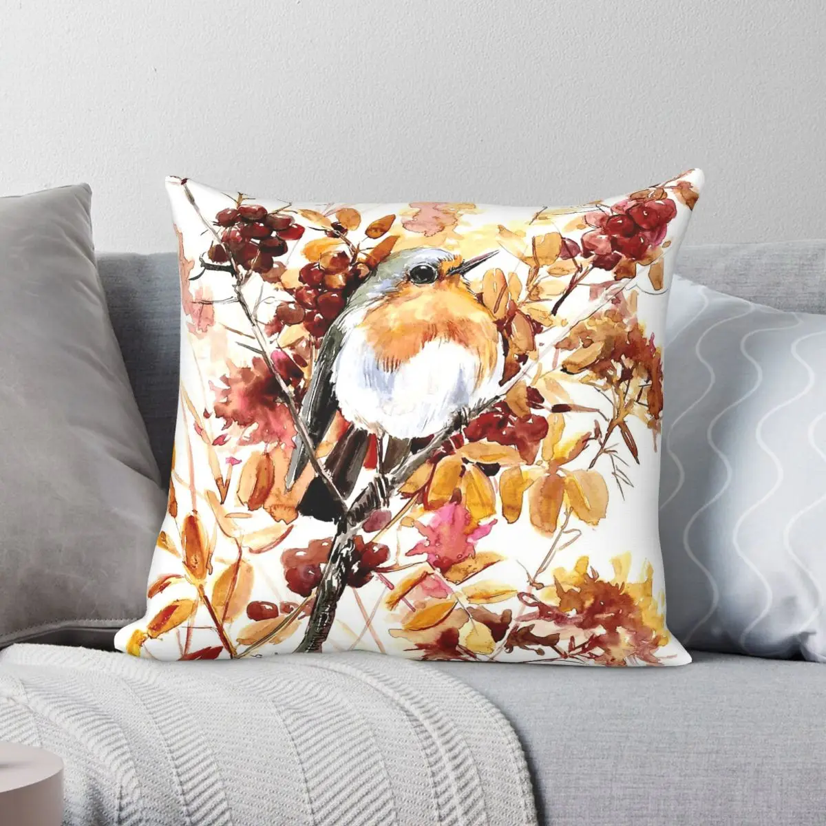 Robin Bird And Fall Colors Square Pillowcase Polyester Linen Velvet Creative Decor Throw Pillow Case Sofa Cushion Wholesale 18