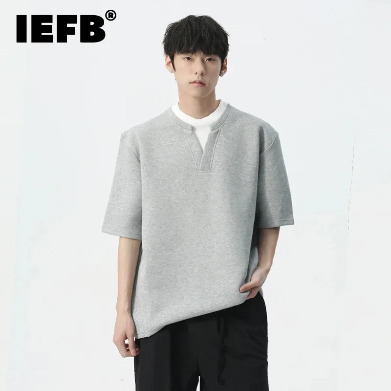 

IEFB New Korean Style T-shirt Fake Two Piece Contrast Color Simple V-neck Short Sleeve Casual Male Clothing Summer Simple 9C5433