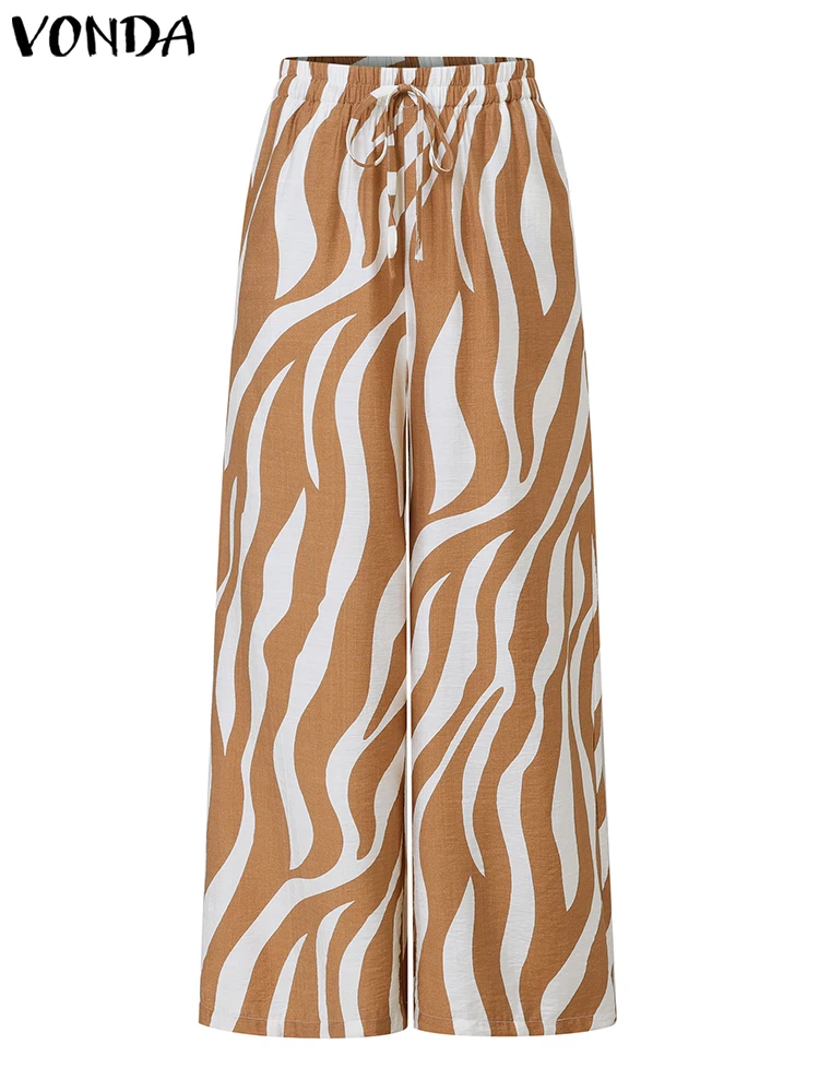 VONDA Pantaloni a gamba larga da donna Pantaloni stampati a righe moda Pantaloni lunghi larghi casual 2025 Pantaloni estivi femminili in vita elastica