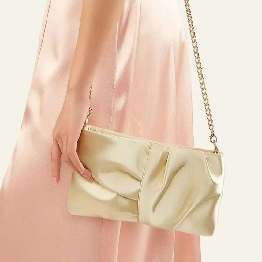 

Simple Pure Color Satin Small Clutch Handbags For Women Champagne Black Metal Chain Shoulder Armpit Bag Wedding Party Clutches