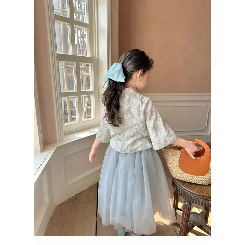 Chinese Style Stand Collar Flower Printed Long Sleeve Top Lace Skirt Tang Suit 2pcs Girls Autumn Kawaii Flower Children Costumes