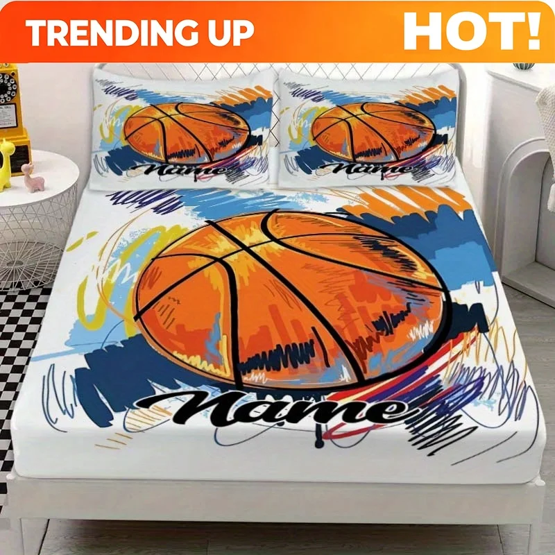 Juego de Sábanas Personalizadas (3 Piezas) con Estampado de Baloncesto con Efecto de Salpicaduras de Tinta, Protector de Colchón Personalizable con Nombre (1 Sábana Ajustable)