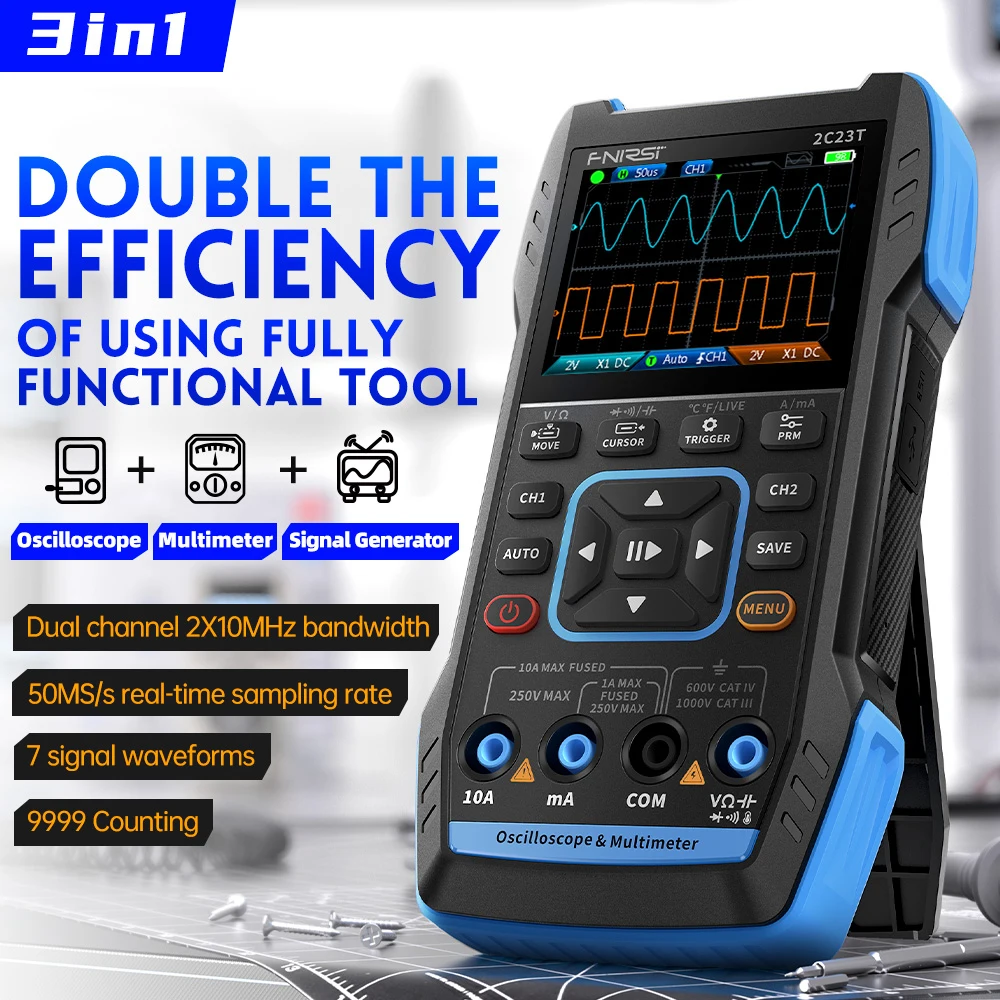 Imagem -03 - Fnirsi-osciloscópio Digital Portátil Multímetro Mais Função Gerador de Sinal 3in1 Dual Channel 10mhz x 50 ms s 2c23t