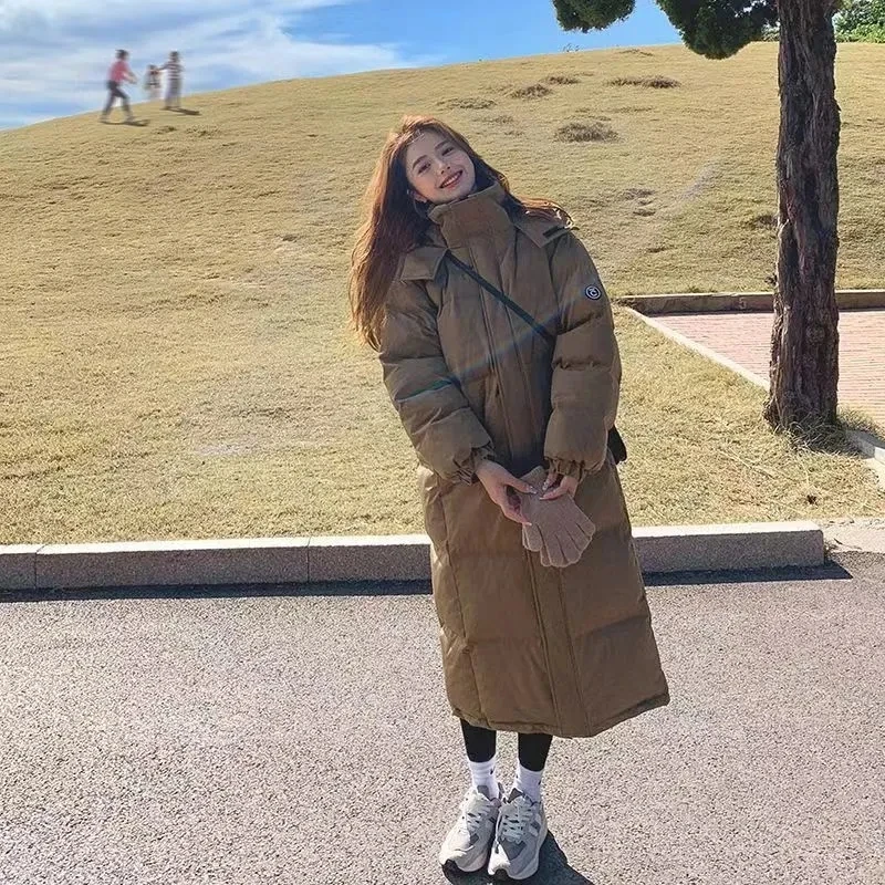 

Black Down cotton Women's Winter Thick Coat 2025 New Korean version Loose Long over the knee Coat Female Hooded Parkas Overcoat
