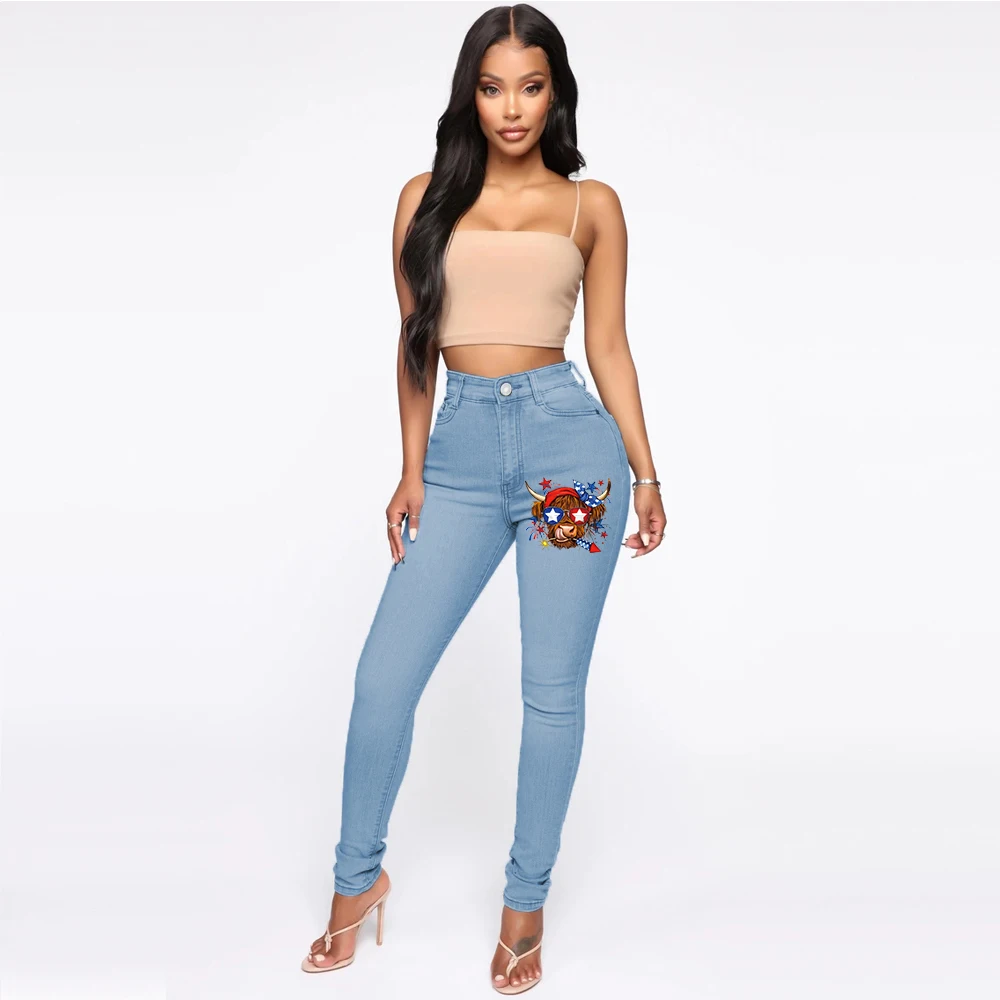 

Women's print Jeans Mid Waist Stretch Skinny Denim Pants Retro Washed