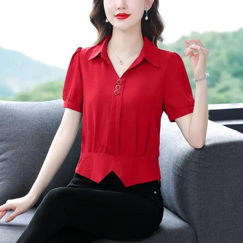 2023 New Solid Color Women\'s Clothing Summer POLO Collar Pleated Draw Back Tops Women Elegant Fashion Casual Chiffon Shirt