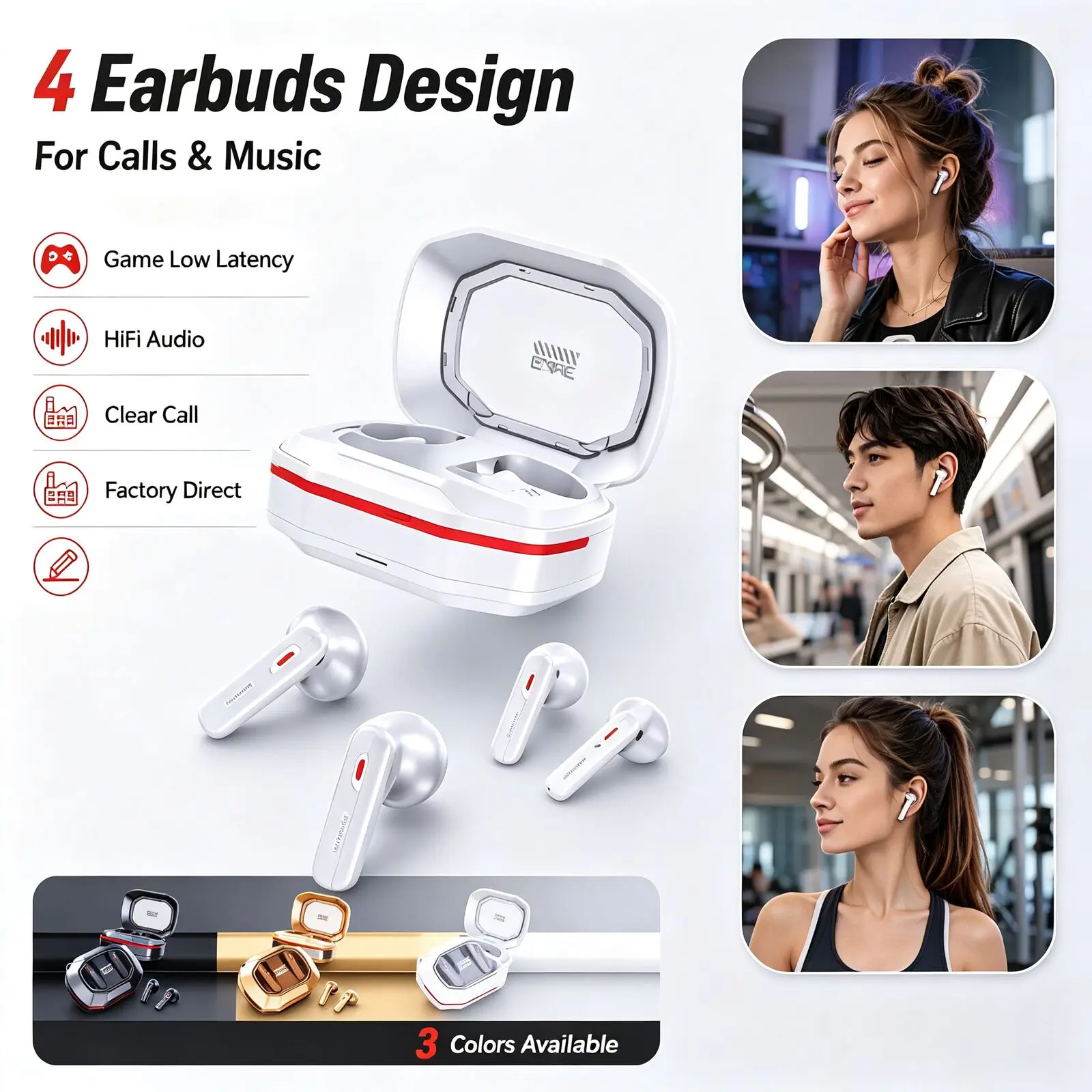 Wireless Gaming Earbuds 1 Case 4 Earbuds Bluetooth 6.0 Low Latency Gaming HiFi Stereo Dual Call in Ear & Semi in Ear Earphones