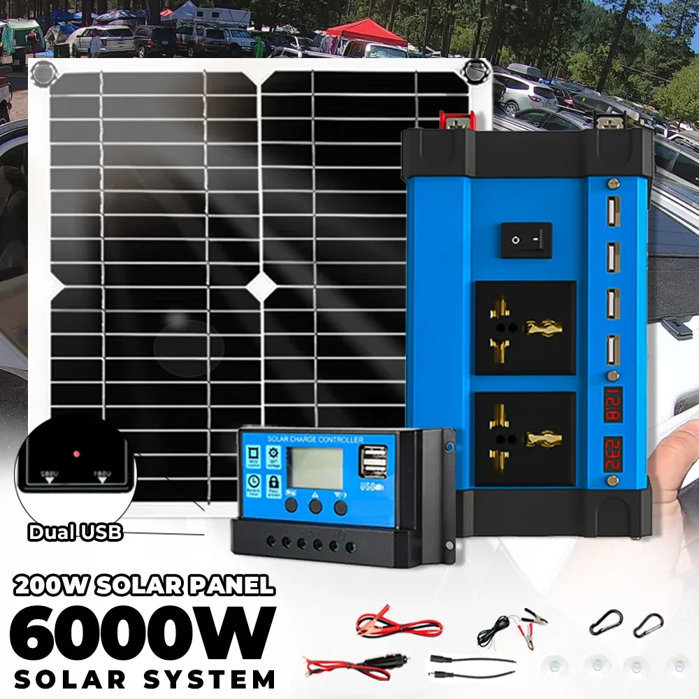 6000W Inverter Solar Kits 100A Controller 5V Solar Panel Smart Phone Car Charge Camping Home Solar Power System for Home RV