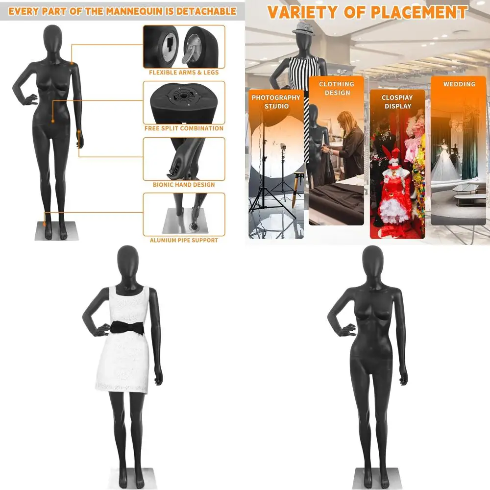 

70-Inch Black Male Mannequin with Adjustable Body, Detachable Head, and Metal Base