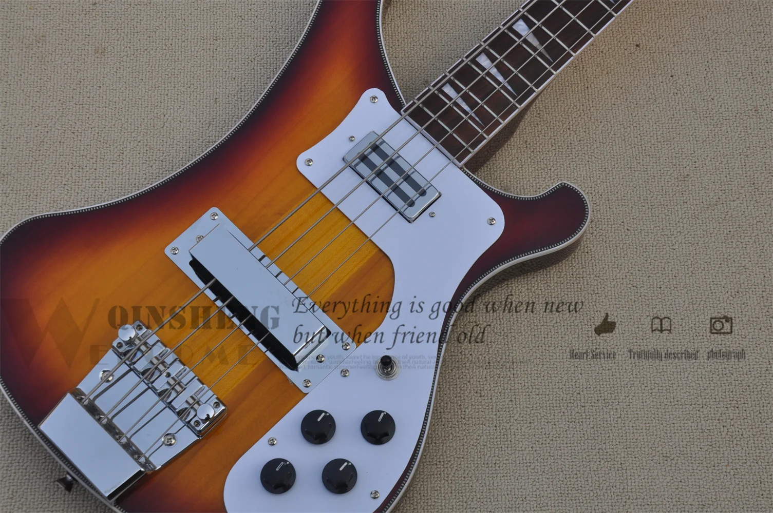 In stock electric guitar bass,4 strings 4003 bass,Sunburst bass,Neck through body,fishbone binding  chrome buttons